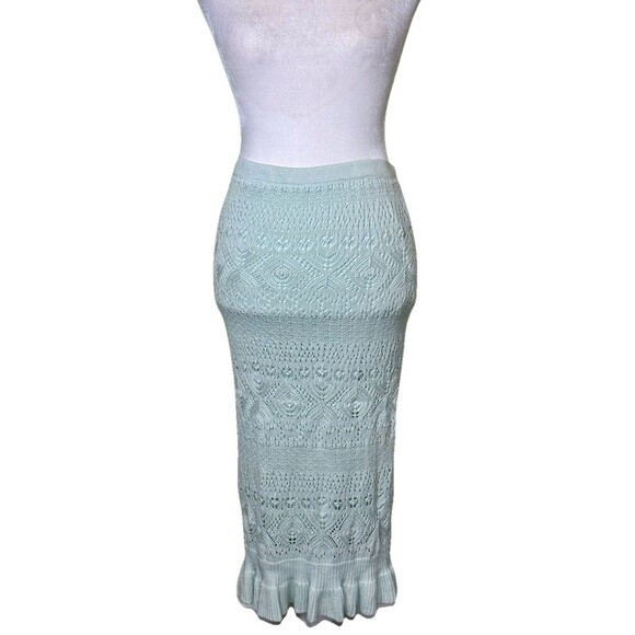 Women's Mint Green Knit Pencil Skirt Ruffle Hem Feminine Romantic Cottagecore M - Picture 1 of 8